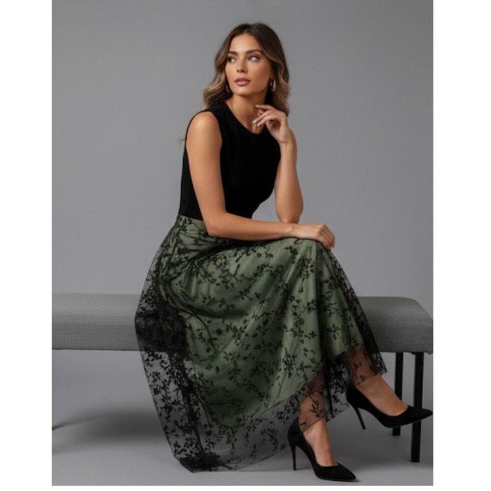 Floral Flocking Tulle Long A-Line Skirt Green - Picture 4 of 11
